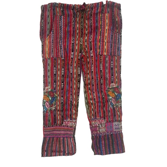 Multi Striped Floral Embroidered Guatemalan ethnic Boho festival Pant woven M/L - Picture 1 of 15